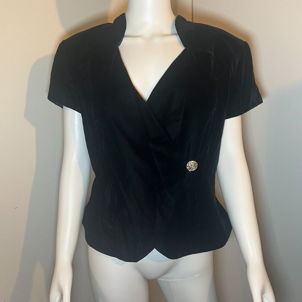 Vintage 80s 90s Velvet Black Blouse 14 - Goth Wrap Top Office Siren Vampy Retro